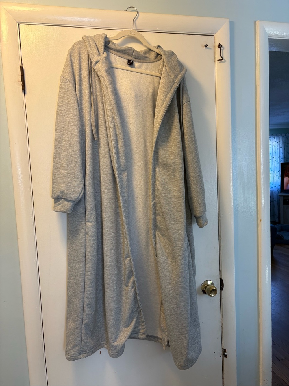Long Hooded Open Front Coatigan - Light Gray